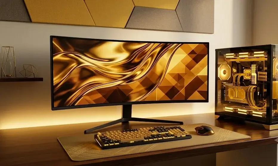 Sarı ve altın setup için oyuncu koltuğu - neon, retro, lüks estetik