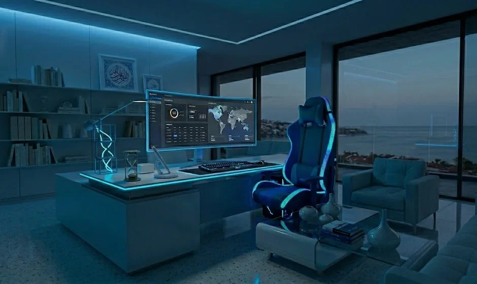 Mavi setup için oyuncu koltuğu - ocean, cyberpunk, galaxy estetiği